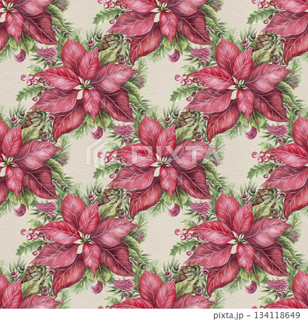 Red Poinsettia Christmas seamless pattern in hand painted watercolor flower on beige background. Bright floral winter mood for traditional textile and wrap paper design. Perfect for holiday wallpaper. Red Poinsettia Christmas seamless pattern in hand painted watercolor flower on beige background. Bright floral winter mood for traditional textile and wrap paper design. Perfect for holiday wallpaper. 134118649