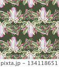 Ballet flats Christmas tree ornament seamless pattern. Hand drawn watercolor with ribbon garland on green background creates a winter mood. Perfect for traditional textile design. Great for wallpaper. 134118651