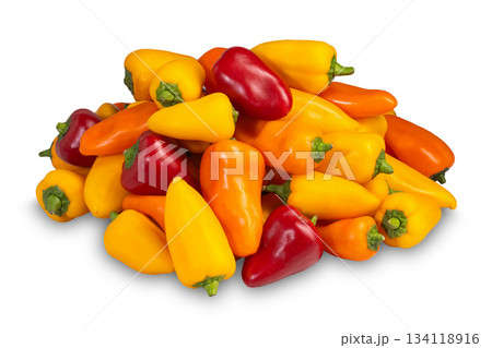 Harvest of sweet paprika peppers on a transparent background isolate 134118916