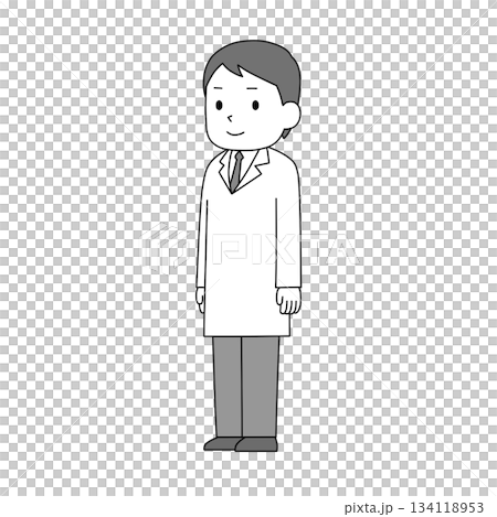 白衣男性の斜め立ち姿・医療職イラスト（モノクロ） 134118953