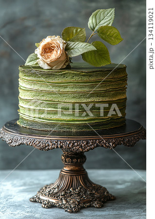 Romantic biscuit. Japanese matcha mille crepe cake with blossoms. Asian cuisine content. Cultural and global dessert. 134119021