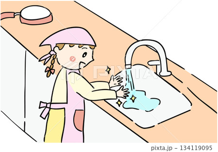 手洗いして料理の準備をする女の子 手洗いして料理の準備をする女の子 134119095