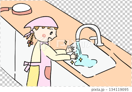 手洗いして料理の準備をする女の子 手洗いして料理の準備をする女の子 134119095