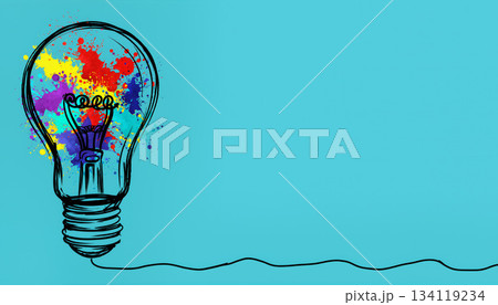 Creative illustration of a light bulb filled with colorful splashes on a blue background 134119234