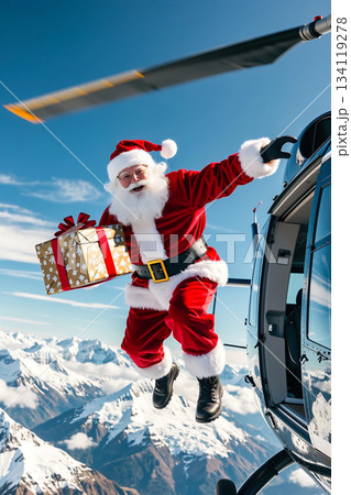 ヘリコプターからダイブするサンタクロース 134119278