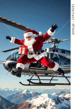 ヘリコプターからダイブするサンタクロース 134119281