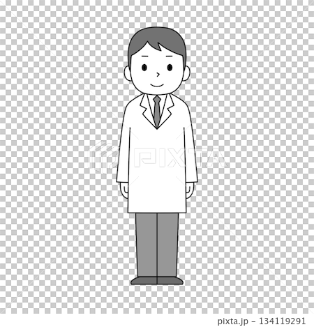 白衣の男性 正面立ち姿・医療職キャラクター（モノクロ） 134119291