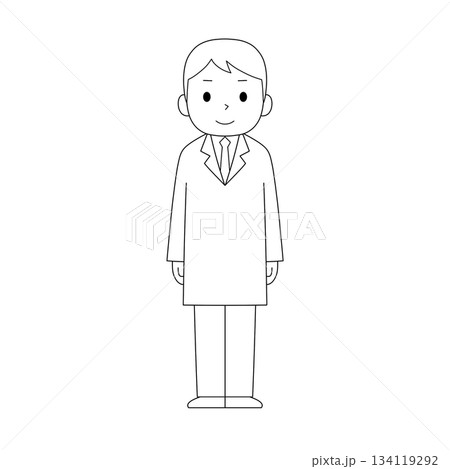 白衣の男性 正面立ち姿・医療職キャラクター(白黒線画) 白衣の男性 正面立ち姿・医療職キャラクター(白黒線画) 134119292