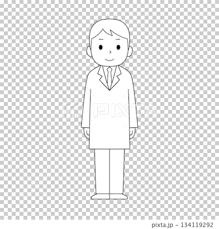 白衣の男性 正面立ち姿・医療職キャラクター(白黒線画) 白衣の男性 正面立ち姿・医療職キャラクター(白黒線画) 134119292