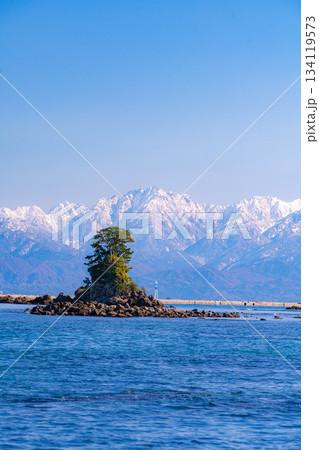 【冬の風物詩】よく晴れた冬の雨晴海岸と冠雪した後立山連峰【富山県】 【冬の風物詩】よく晴れた冬の雨晴海岸と冠雪した後立山連峰【富山県】 134119573