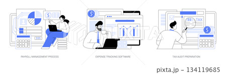 Payroll, Budgeting, Tax Prep abstract concept vector illustrations. 134119685
