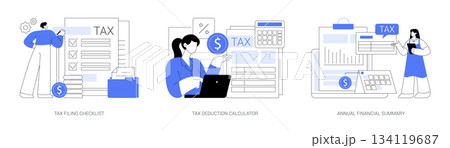 Tax Filing and Deduction Tools abstract concept vector illustrations. Tax Filing and Deduction Tools abstract concept vector illustrations. 134119687