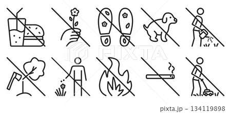 Black line lawn vector prohibitory icon set. Classic signs for parks, gardens and farms. Linear monochrome prohibitive symbols. Outline pictogram bundle 134119898