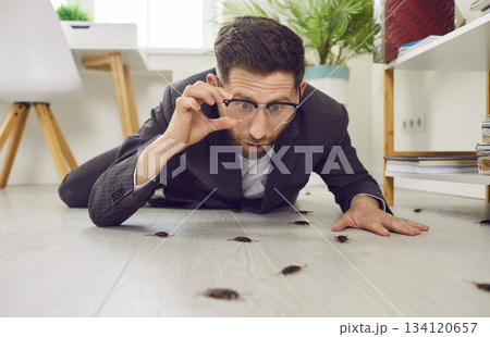 Shocked young man looking at lots of roaches crawling everywhere on the floor at home Shocked young man looking at lots of roaches crawling everywhere on the floor at home 134120657