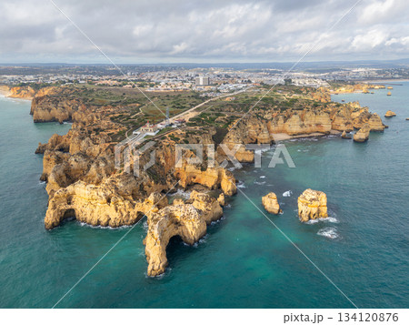 Ponta da Piedade Headland and Atlantic Ocean. Aerial View. Algarve, Portugal 134120876