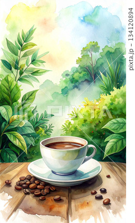緑に囲まれたカフェで飲むホットコーヒー　自然のオーガニックな水彩画風 134120894