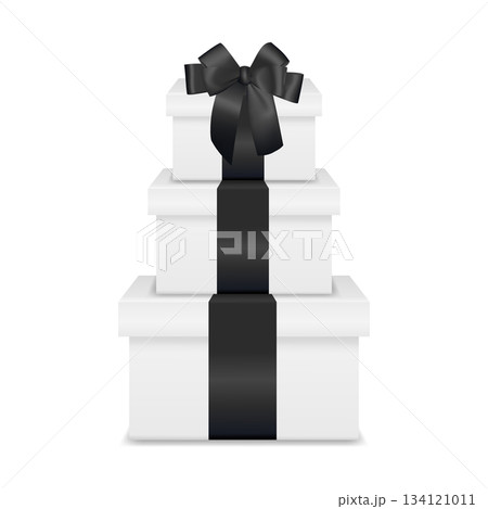 White 3d Vector Gift Boxes Stack with Black Ribbon Bow. Vector Present Pile Isolated on White for Christmas, New Year, Birthday, Wedding, Holiday Sale, Luxury Gift Packaging Design White 3d Vector Gift Boxes Stack with Black Ribbon Bow. Vector Present Pile Isolated on White for Christmas, New Year, Birthday, Wedding, Holiday Sale, Luxury Gift Packaging Design 134121011