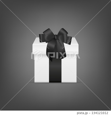 White Gift Box with Black Ribbon Bow on Dark Background. Vector 3d Gift Box Present for Luxury Gift, Black Friday, Birthday, Wedding, Holiday Sale Design Template 134121012