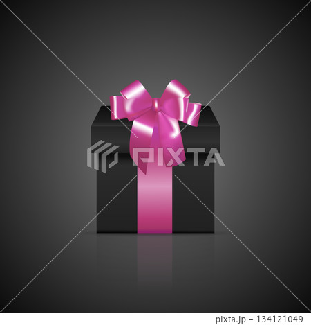 White Gift Box with Pink Ribbon Bow on Dark Background. Vector 3d Gift Box Present for Luxury Gift, Black Friday, Birthday, Wedding, Holiday Sale Design Template 134121049