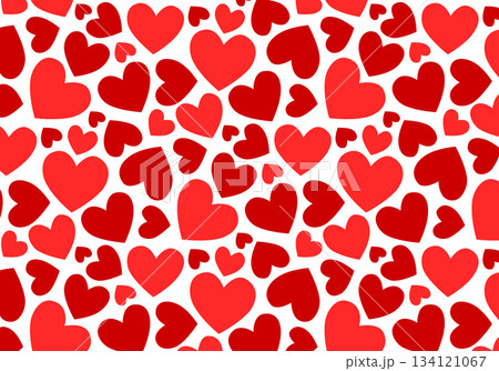 Lovely seamless pattern with red hearts of various shapes on a white background. Colorful wrapping paper. Vintage print, design and decor for celebrating Valentine's Day. Love, romance, infatuation. 134121067
