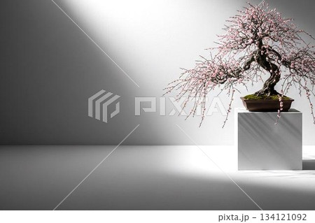 光と影に咲く梅の盆栽　新春を告げる静寂な春の予感と上品な枝垂れ梅の美 134121092