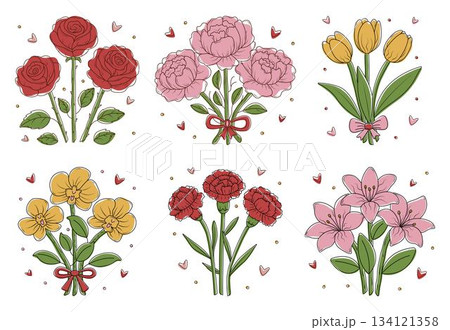 Colorful flower bouquets with black contours. Vector set with lilies, peonies, tulips, orchids, roses and carnations. Buds with leaves, cliparts with boho colors 134121358