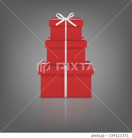 Vector 3d Red Gift Box Tower on Dark Background. Stack of Three Red Present Boxes with White Ribbon Bow for Holiday, Birthday, Christmas, New Year, Sale and Luxury Celebration Design Vector 3d Red Gift Box Tower on Dark Background. Stack of Three Red Present Boxes with White Ribbon Bow for Holiday, Birthday, Christmas, New Year, Sale and Luxury Celebration Design 134121371