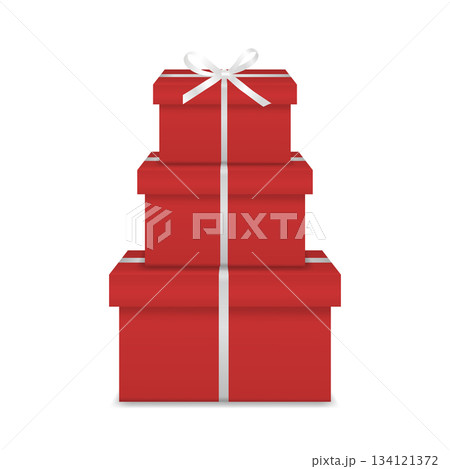 Vector 3d Red Gift Box Tower, Isolated. Stack of Three Red Present Boxes with White Ribbon Bow for Holiday, Birthday, Christmas, New Year, Sale and Luxury Celebration Design 134121372