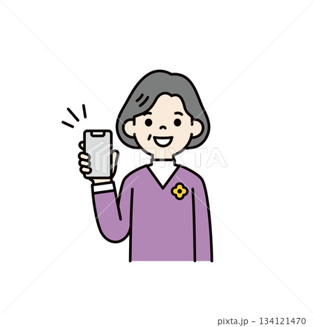 スマートフォンの画面を見せる、おばあさん・高齢女性の上半身ベクターイラスト素材＿カラー 134121470