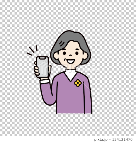 スマートフォンの画面を見せる、おばあさん・高齢女性の上半身ベクターイラスト素材＿カラー 134121470