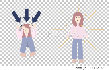 Illustration of a woman who hurts herself through self-denial and a woman who shines as she is 134121860