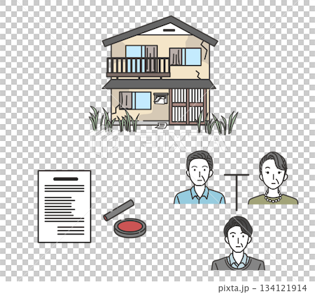 Illustration of inheritance procedures for vacant houses and family trees 134121914