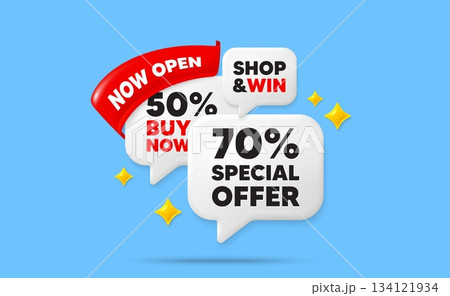 Discount speech bubbles. Now open flag ribbon. 70 percent discount offer tag. Sale price promo sign. Special offer symbol. Discount chat bubbles with 3d sparkles. Vector Discount speech bubbles. Now open flag ribbon. 70 percent discount offer tag. Sale price promo sign. Special offer symbol. Discount chat bubbles with 3d sparkles. Vector 134121934