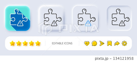 Puzzle line icon. Neumorphic, Flat shadow, 3d buttons. Jigsaw piece with attention sign. Business challenge symbol. Line puzzle icon. Social media icons. Vector 134121958