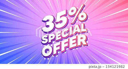 Discount sun rays gradient banner. Light burst background. 35 percent discount offer tag. Sale price promo sign. Special offer symbol. Gradient sun rays. Sunburst light. Vector 134121982
