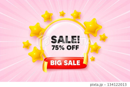 Sale sunburst ray banner. Big sale flag ribbon. Sale 75 percent off discount. Promotion price offer sign. Retail badge symbol. 3d stars glitter. Red ribbon tag. Discount offer. Vector 134122013