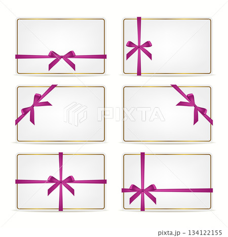 White Gift Cards Set with Pink Ribbon Bows, Isolated. Elegant Rectangular Present Vouchers, Greeting Cards, Certificates with Gold Frame. Vector Template for Holiday, Wedding, Birthday Design 134122155