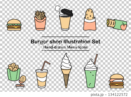 Stock Illustration: Hand-drawn menu icon set for hamburger shops Stock Illustration: Hand-drawn menu icon set for hamburger shops 134122572