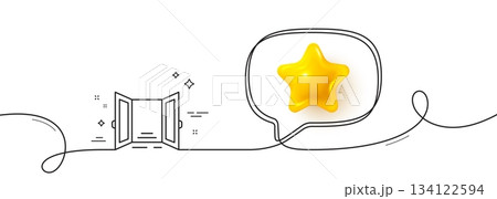 Open door line icon. Continuous line with 3d star. Entrance doorway sign. Building exit symbol. 3d star in speech bubble. Open door single line ribbon. Loop curve pattern. Vector 134122594