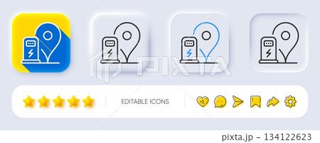 Charging station line icon. Neumorphic, Flat shadow, 3d buttons. Car charge location sign. Electric power symbol. Line charging station icon. Social media icons. Vector Charging station line icon. Neumorphic, Flat shadow, 3d buttons. Car charge location sign. Electric power symbol. Line charging station icon. Social media icons. Vector 134122623