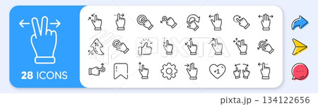 Touchscreen gesture line icons. Interest rate, AI generate, Inflation icons. Hand swipe, Slide gesture, Multitasking icons. Touchscreen technology, tap on screen, drag and drop. Vector 134122656