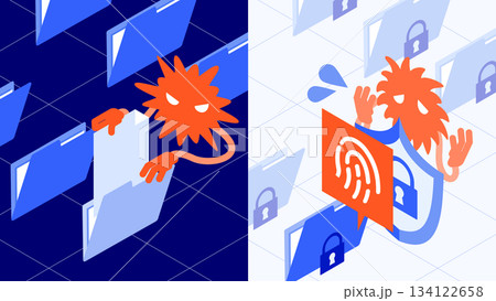 【ゼロトラスト運用のイメージイラスト】システムに侵入したウィルスがアクセスごとのセキュリティ認証シス 134122658