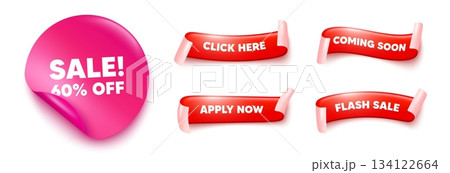 Sale sticker, offer ribbons. Apply now, Flash sale. Sale 60 percent off discount. Promotion price offer sign. Retail badge symbol. Pink sticker tag. Flag ribbon banners. Vector 134122664