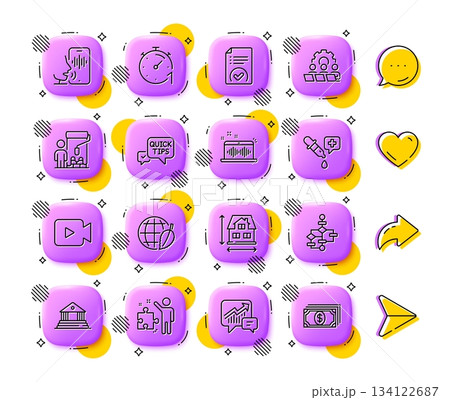 Voicemail, Teamwork and Video camera line icons. App 3d buttons. Social media comment, share, like icons. Pack of Accounting, Timer, Court building icon. Vector 134122687