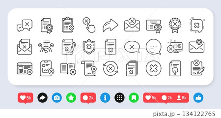 Reject or cancel line icons. Social media: share, comment, like icons. Set of Decline certificate, Dislike and Cancellation icons. Refuse, Reject stamp, Disapprove or cancel. Vector Reject or cancel line icons. Social media: share, comment, like icons. Set of Decline certificate, Dislike and Cancellation icons. Refuse, Reject stamp, Disapprove or cancel. Vector 134122765