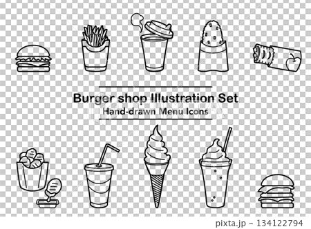 イラスト素材: ハンバーガーショップメニューアイコンセット 134122794