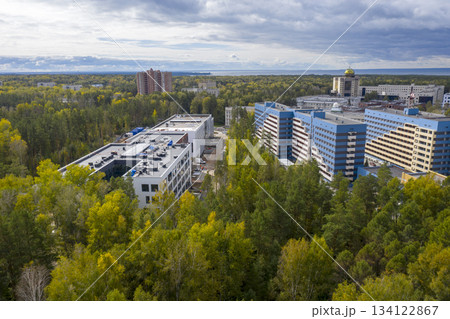 Aerial view of Novosibirsk University, forests in autumn, Ob river, construction of new buildings 134122867