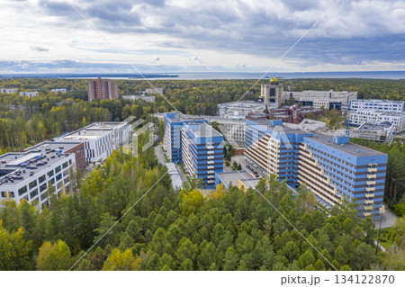 Aerial view of Novosibirsk University, forests in autumn, Ob river, construction of new buildings 134122870