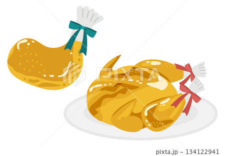 ローストチキン（チキンレッグ）と鳥の丸焼きのイラスト 134122941