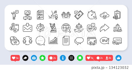 Microscope, File and Graph chart line icons pack. Social media: share, comment, like icons. Currency rate, Justice scales, Wallet web icon. Microphone, Inspect, Agent pictogram. Vector Microscope, File and Graph chart line icons pack. Social media: share, comment, like icons. Currency rate, Justice scales, Wallet web icon. Microphone, Inspect, Agent pictogram. Vector 134123032